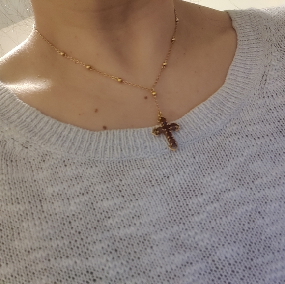 Elegant Garnet Glass Cross Necklace 14K Gold Over Silver 925 - Picture 2 of 13
